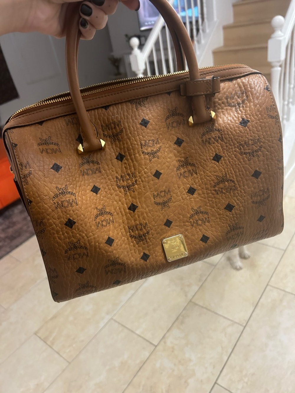 MCM Cognac Monogram Dome Satchel with Gold Hardware - Picture 2 of 2